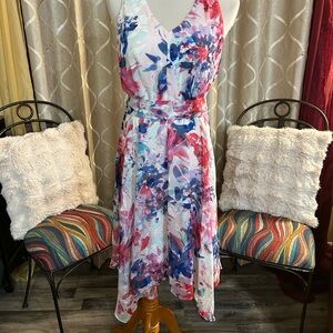 Donna Karan Asymmetrical Floral Dress - Red, Blue, White